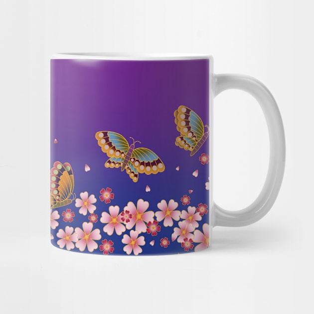 Japanese Butterflies over Sakura Blossoms (Blue & Purple) by Mozartini